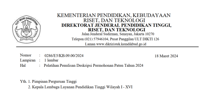 Pendaftaran Calon Peserta Pelatihan Penulisan Deskripsi Permohonan Paten Tahun 2024