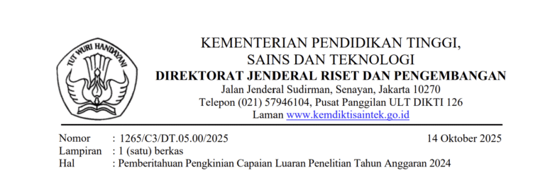 Pemberitahuan Pengkinian Capaian Luaran Penelitian Tahun Anggaran 2024