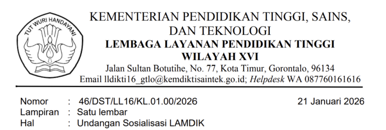 Undangan Sosialisasi LAMDIK Pimpinan PTN dan PTS Wilayah Gorontalo dan Sulawesi Tengah